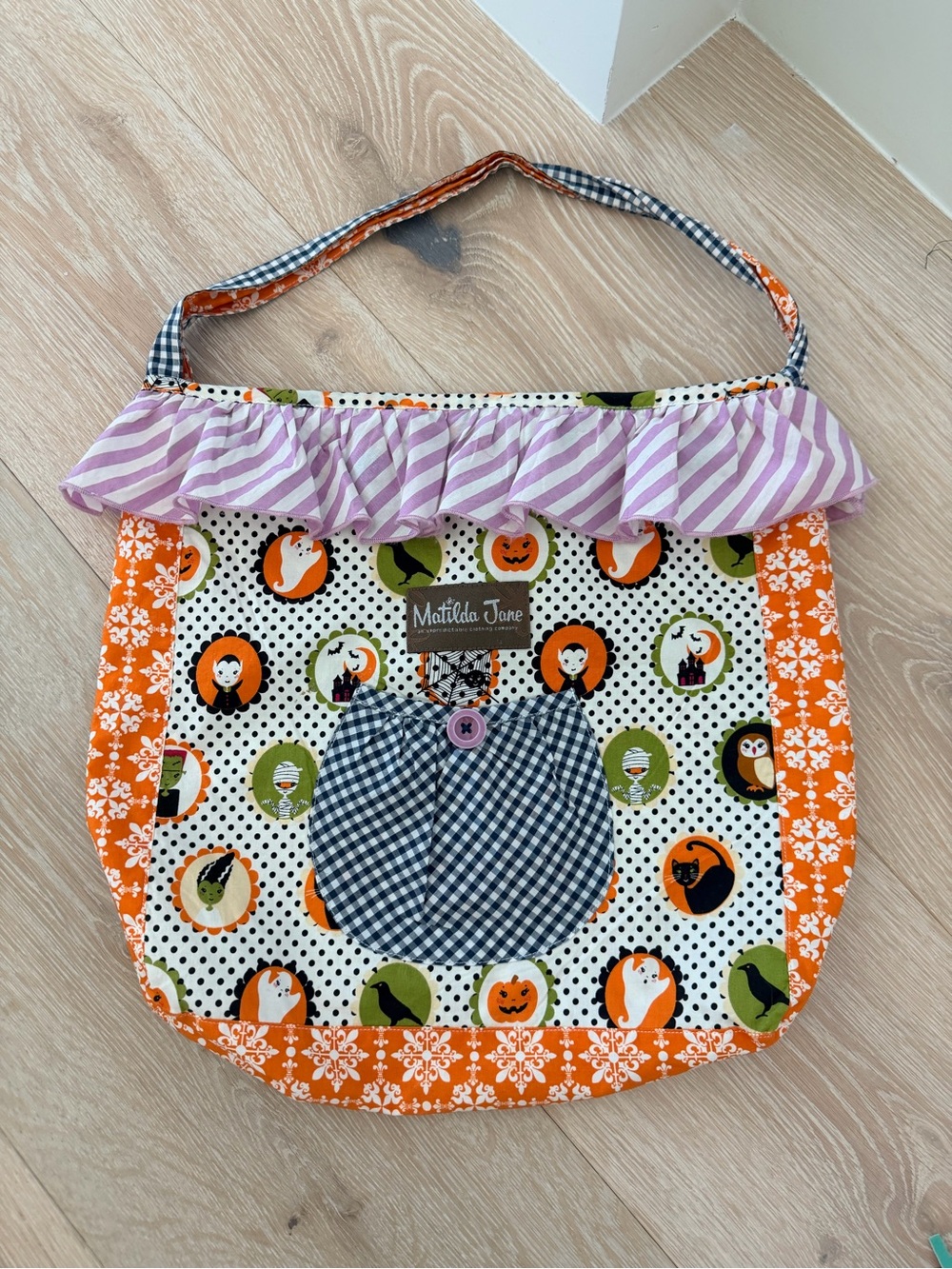 Matilda Jane Orange Halloween Patchwork Tote with Purple Ruffle